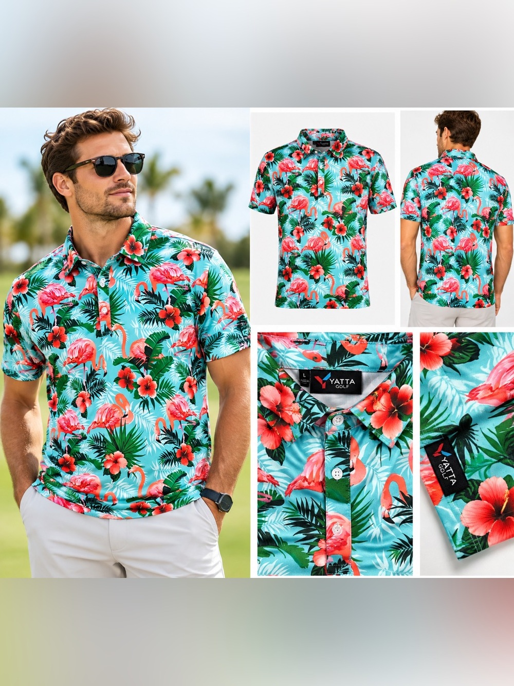 Yatta Golf Men’s Flamingo Hibiscus Tropical Polo Shirt Blue Size Large